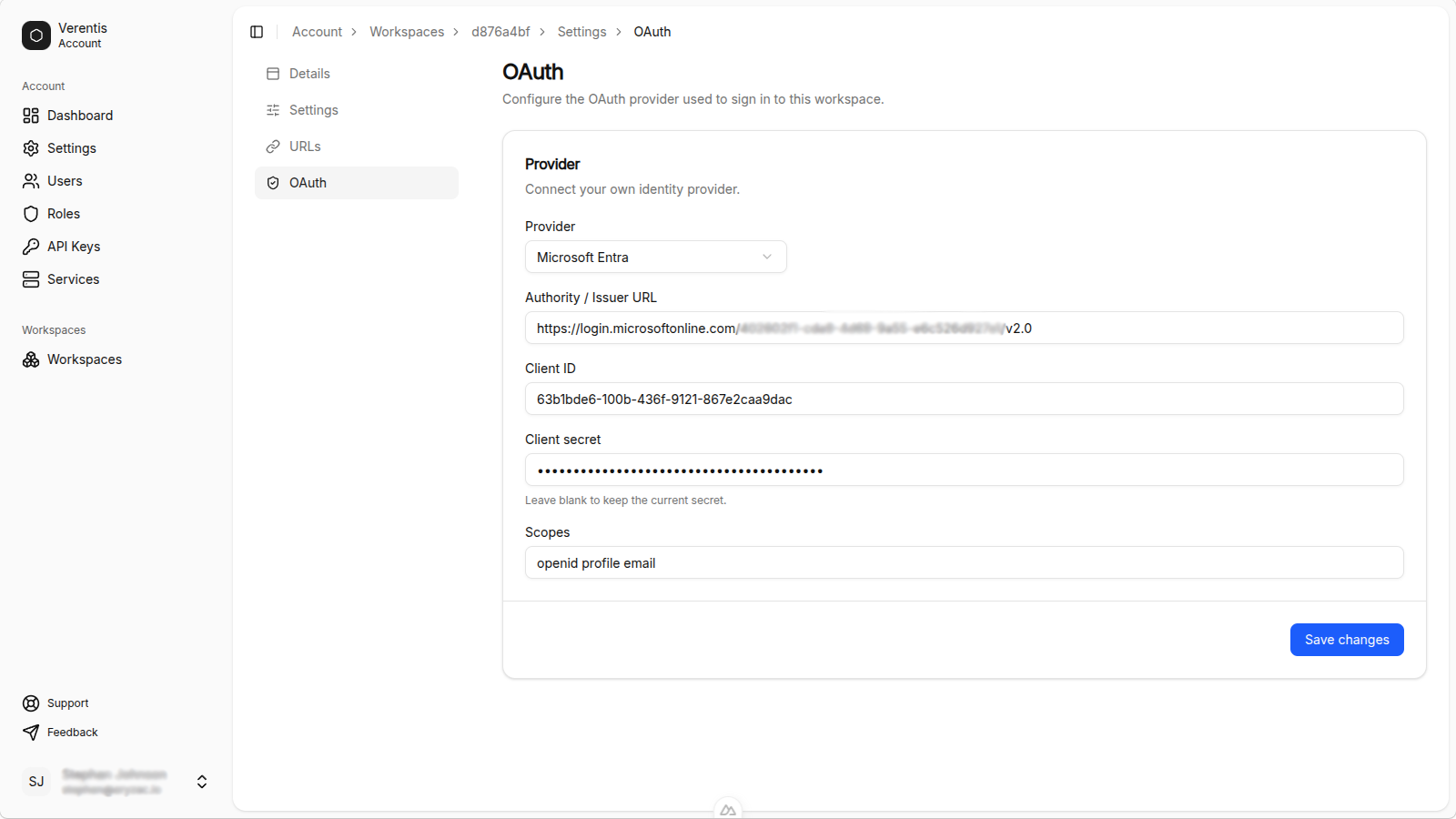Scopes field showing openid profile email